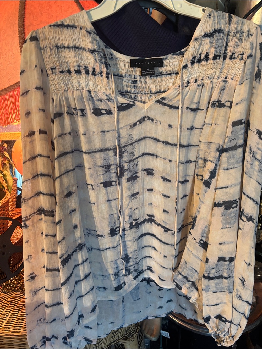 Sanctuary White and Navy Tie-Dye Peasant Blouse